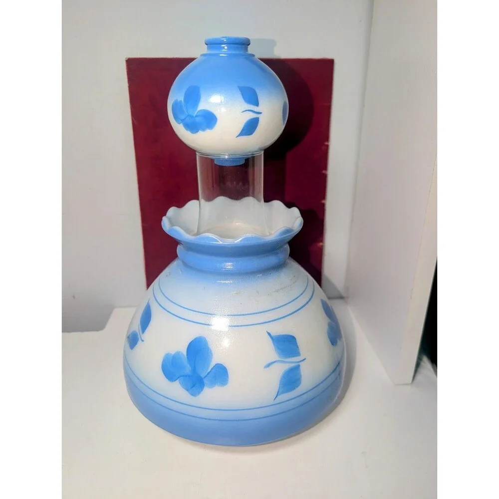 Vintage 15 Pc Set Fitter Blue Flower Glass Hurricane Lamp Shades & Ball Shades